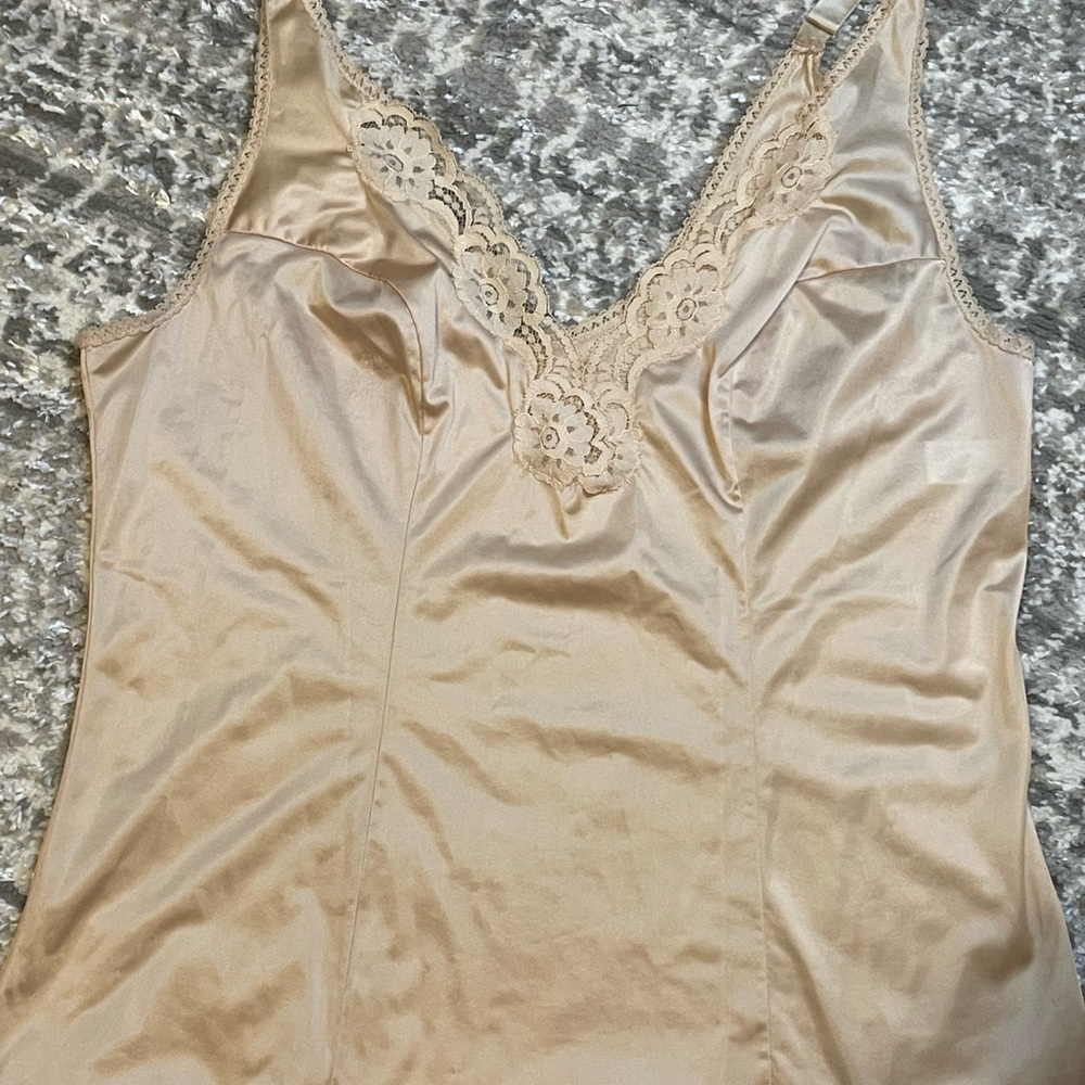 Vassarette Satin Chemise with Lace in Tan